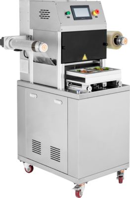 Sélecteur automatique de plateau commercial DQ320L-E avec acier inoxydable de qualité alimentaire 304 et moule en aluminium anodisé 6061 pour emballage à atmosphère modifiée